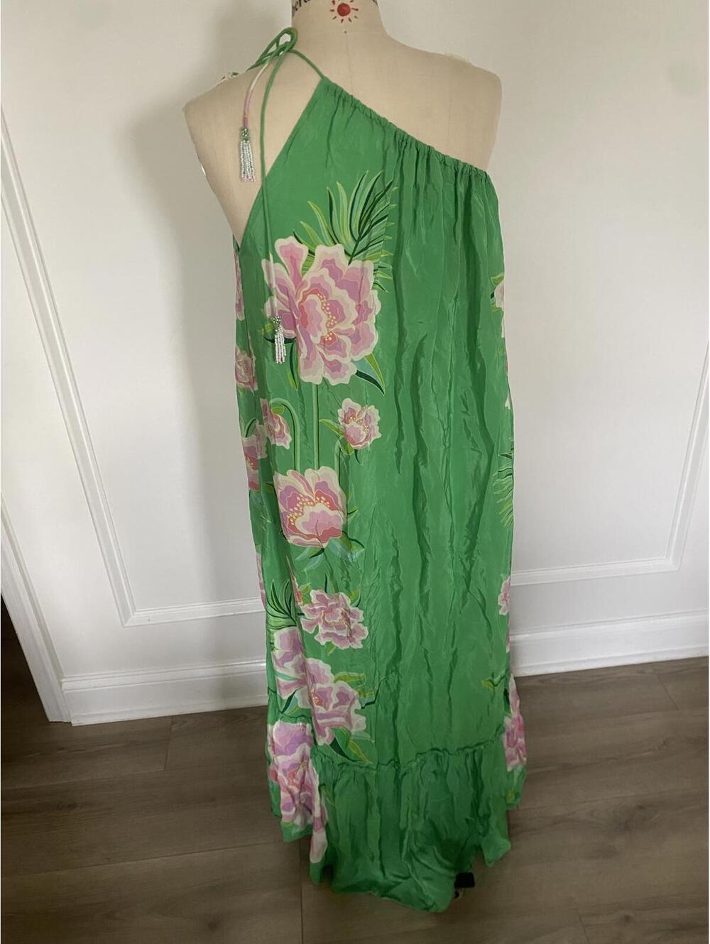 Farm Rio - Elegant Floral Satin Maxi Dress, Green & Pink, size S - Picture 10 of 11